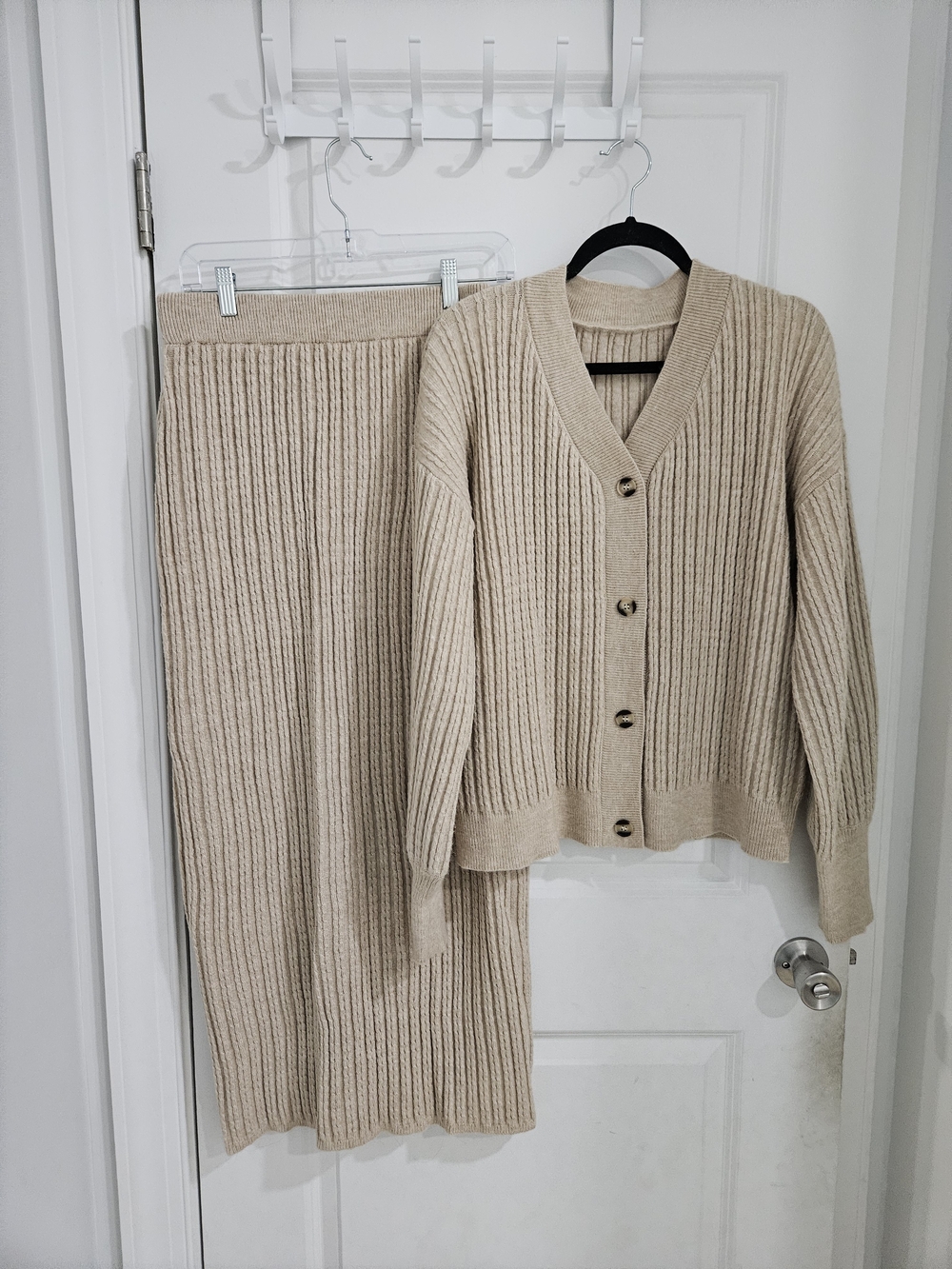 SHEIN Beige Ribbed Knit Maxi Skirt & Cardigan Set